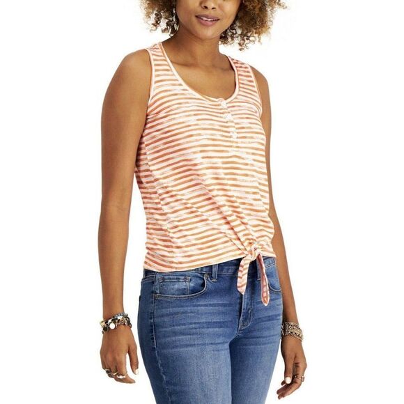 Style & Co Artistic Stripe Henley Top Large Women's‎ Coral White Sleeveless NEW - Picture 6 of 7